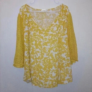 Retrology Blouse Womens Large Yellow Floral 3/4 Lace Sleeves Size 2X